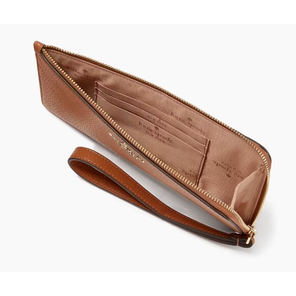 New Kate Spade Lucy Pebbled Leather Medium L-zip Wristlet Warm Gingerbread - Picture 2 of 3